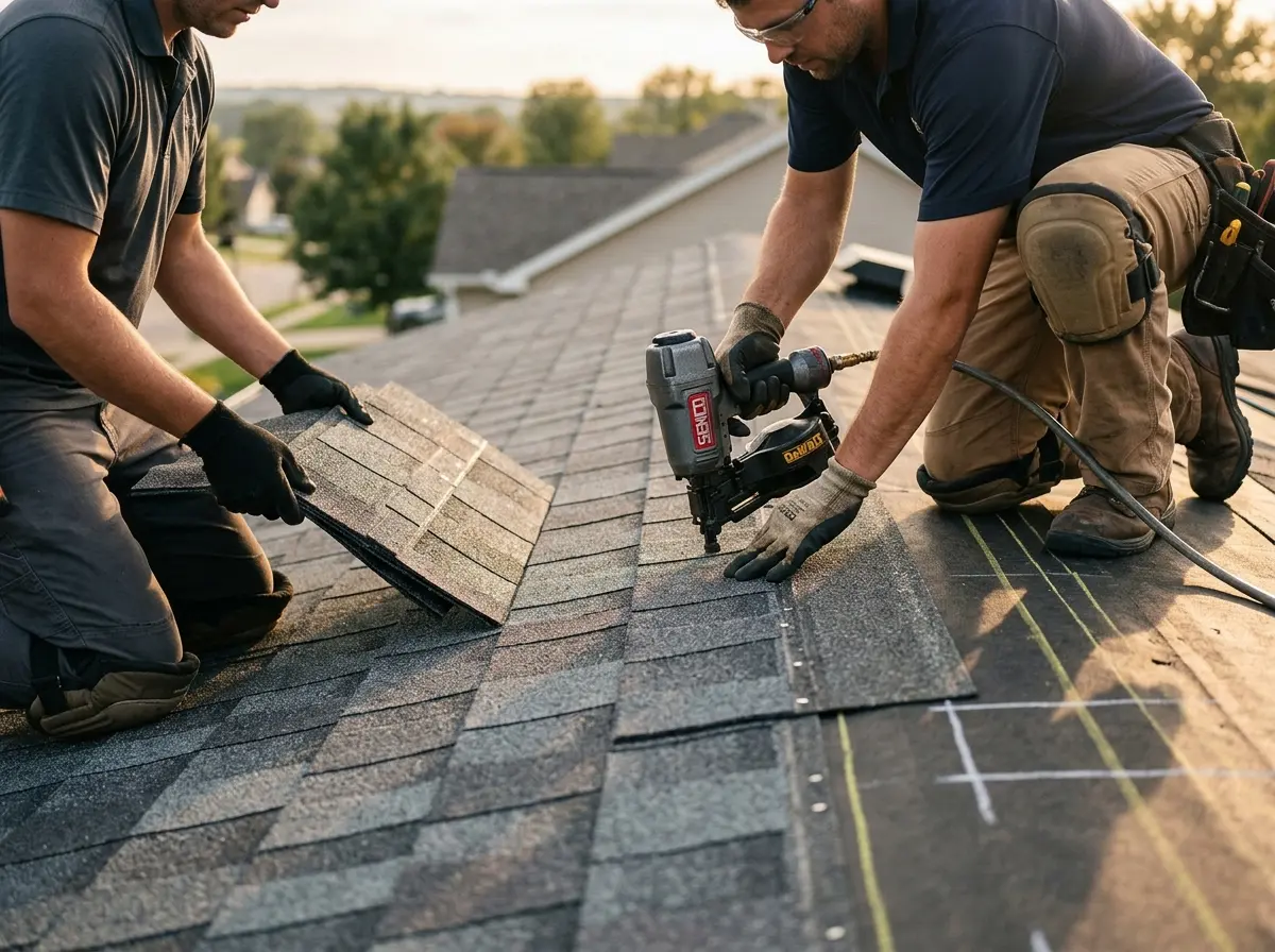 Professional roofer working on a residential roof in New Brighton